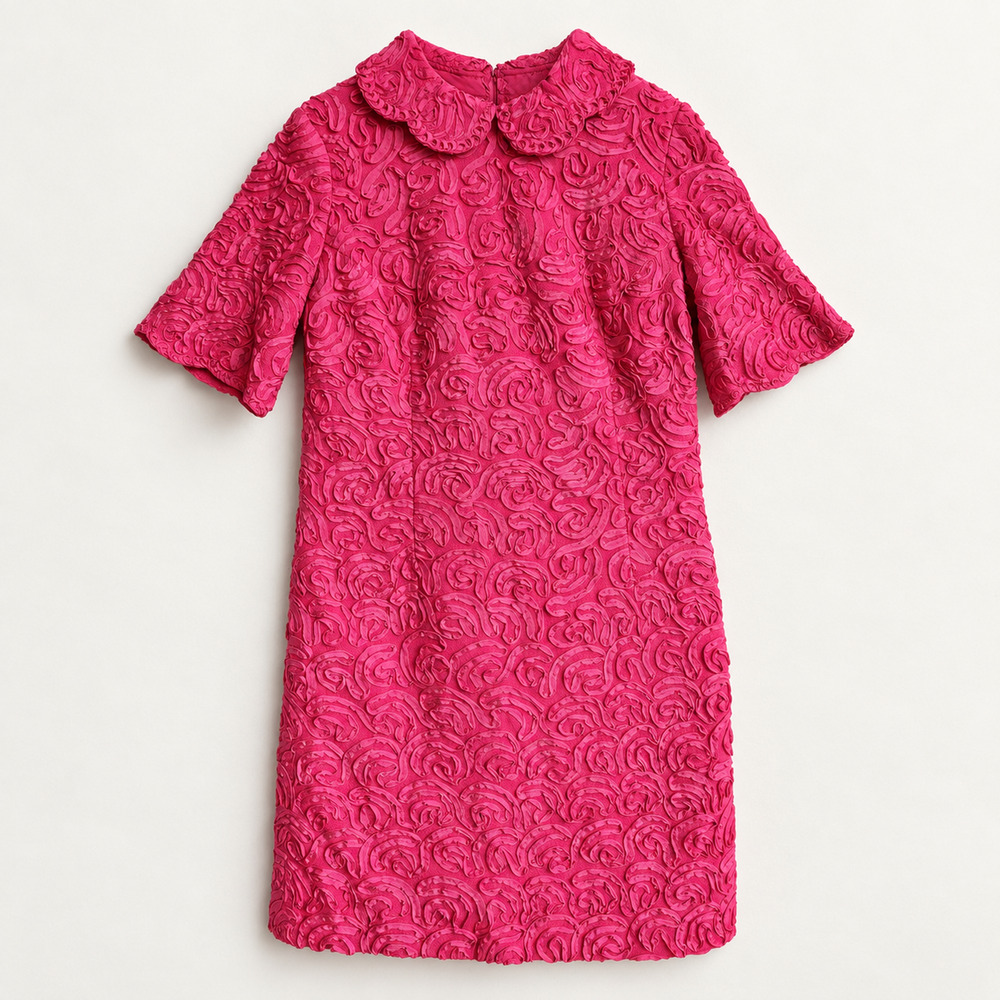 Vintage 60s Handmade Hot Pink Mod Mini Dress Peter Pan Collar Textured Floral